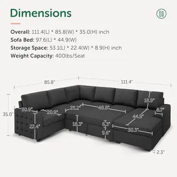 Sectional Sleeper Dark Grey Sofa with Pull Out Bed, Reversible & U Shape Sectional Sleeper Couch with Storage Chaise