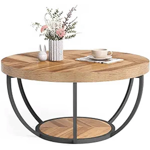 LITTLE TREE Round Coffee Table, 32" Circle Coffee Table for Living Room, 2-Tier Wood Accent Center Table with Open Storage Industrial Design Home Furniture (Wood Grain and Black)